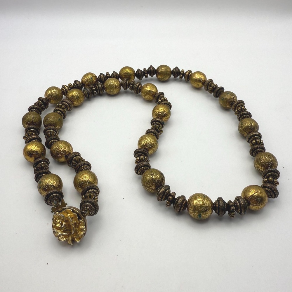 Vintage Gold Tone Beaded Necklace with Floral Accents – Statement‎ Jewelry